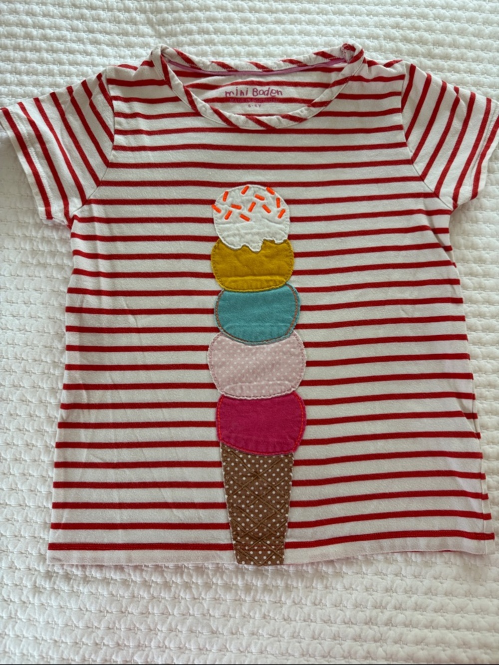 Mini Boden Red & White Striped Tee with Colorful Ice Cream Appliqué, size 5-6Y